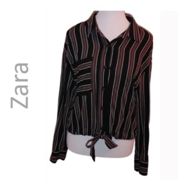 ZARA Black White Brown stripes long sleeve button down blouse shirt Small - Picture 1 of 12